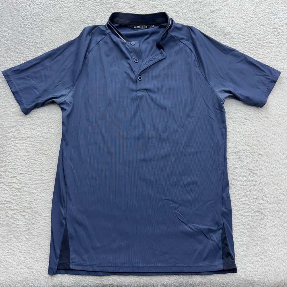 UNRL Mens Blue Ribbed Performance Polo Shirt Short Sleeve Size Small Athletic